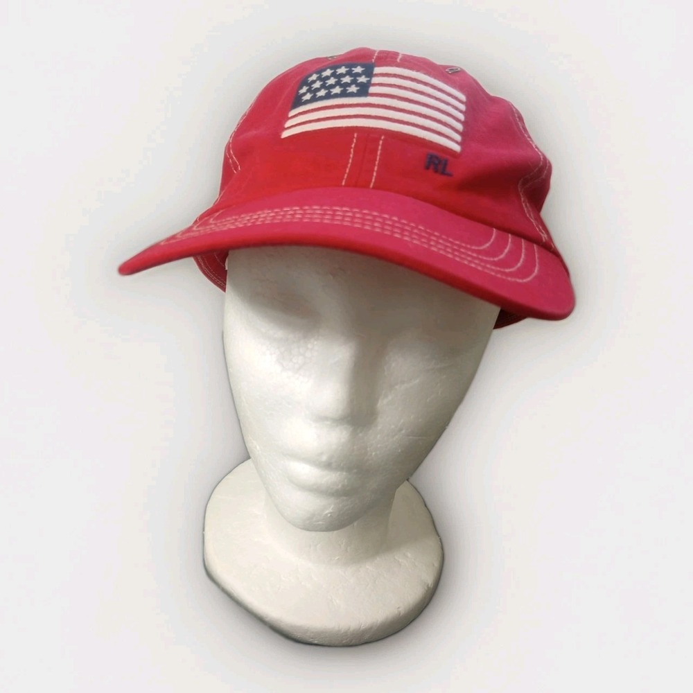 90s Polo Ralph Lauren Hat Embroidered USA Flag Pony Leather Strap Red Navy Blue